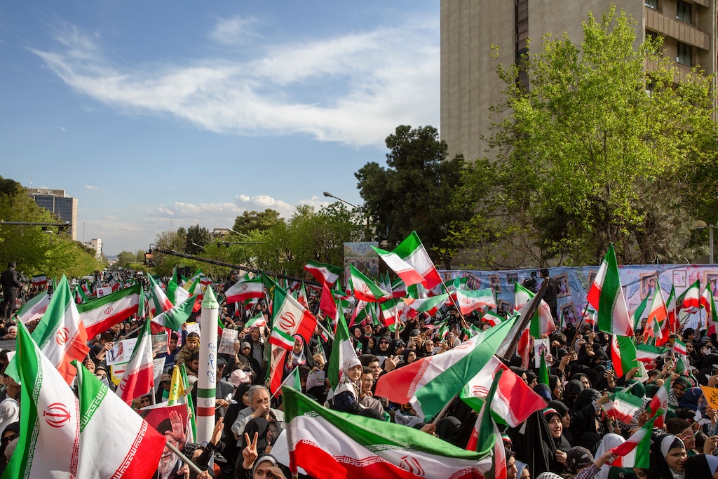 (Arash Khamooshi | The New York Times) People at a memorial event held for victims of the Shajarah Tayyebeh elementary school strike in Minab, in Tehran, Iran, Tuesday, April 7, 2026.