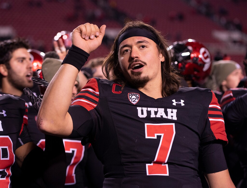 (Rick Egan | The Salt Lake Tribune) Utah Utes quarterback Cameron Rising (7) sings the fight song with the team after the Ute's defeated the Stanford Cardinal, 42-7, in Pac-12 football action at Rice-Eccles Stadium, on Saturday, Nov. 12, 2022. The Utes face Penn State in the Rose Bowl Game on Jan. 2, 2023 — and the Megaplex Theatres will hold viewing parties at five locations.