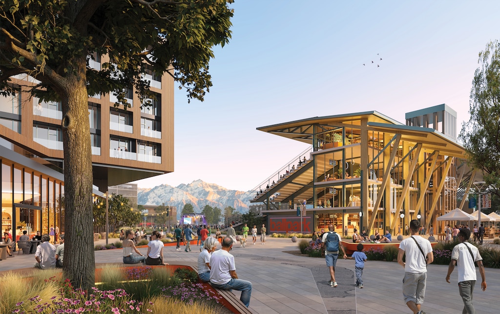 (Salt Lake City Community Reinvestment Agency, via Perkins & Will) A rendering of Ballpark NEXT, Salt Lake City's latest vision for remaking Smith's Ballpark into a community asset with a new entertainment venue, fire station, housing, shared green spaces and other amenities.