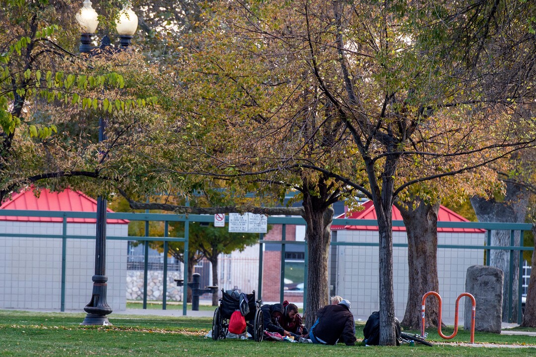 (Chris Detrick  |  The Salt Lake Tribune)  People in Pioneer Park in Salt Lake City Tuesday, October 17, 2017. 