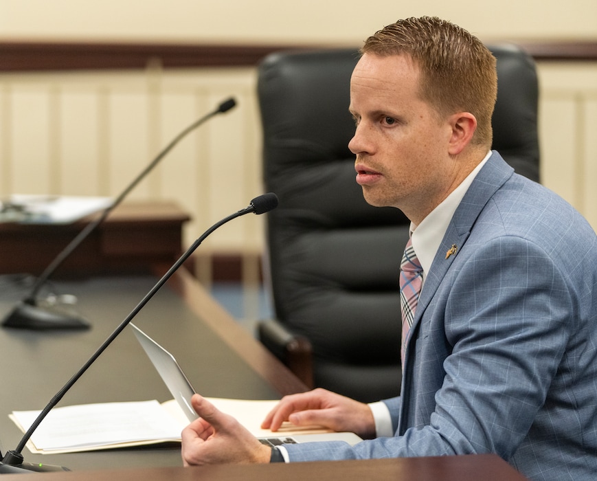 (Rick Egan | The Salt Lake Tribune)  Rep. Trevor Lee, R-Layton, talks about HB270 school cellphone amendments, during the House Education Committee meeting on Wednesday, Feb. 1, 2023.