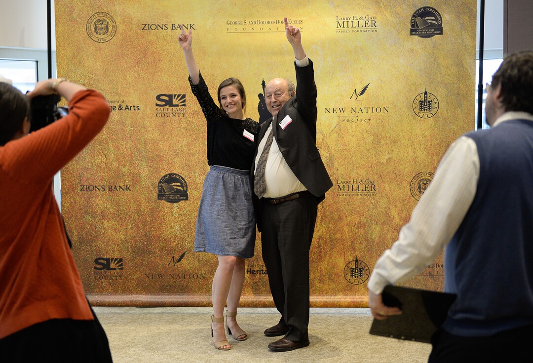(Francisco Kjolseth  |  The Salt Lake Tribune)  Catherine Crockett, a student at BYU poses for a photograph with Sen. Lyle Hillyard, R-Logan, as they get ready to watch Hamilton on Thursday, April 19, 2018, at the Eccles Theater. Crockett and other students won a drawing after writing essays to legislators as part of the New Nation Project. 
