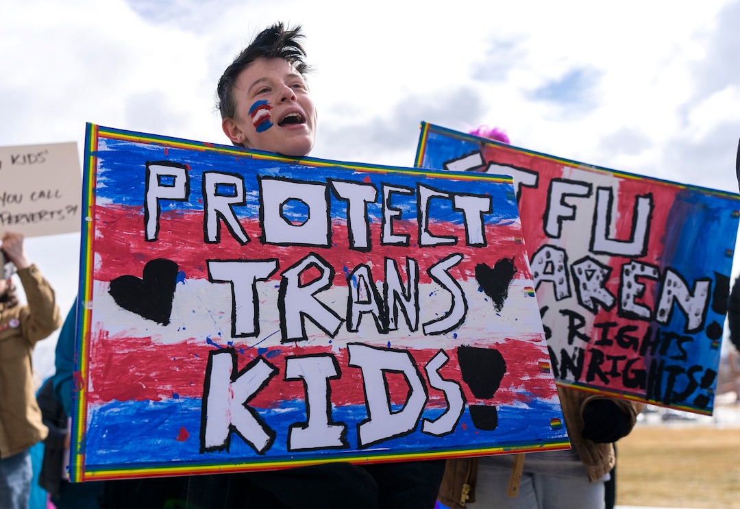 (Rick Egan | The Salt Lake Tribune)  Ash Meservy joins more than 200 people on the steps of the Capitol to  speak out against Rep. Kera Birkeland's transgender sports bill, on Friday, Feb. 25, 2022.