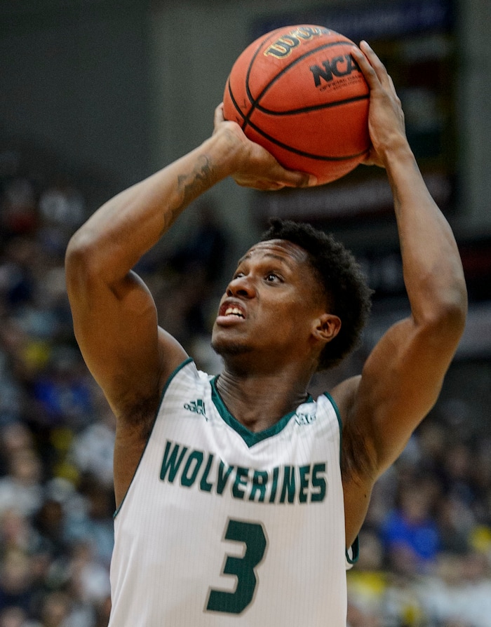 (Steve Griffin  |  The Salt Lake Tribune) Utah Valley Wolverines guard Brandon Randolph (3) fires a shot during the BYU versus UVU basketball game at UCCU Center on the UVU campus in Orem Wednesday November 29, 2017.