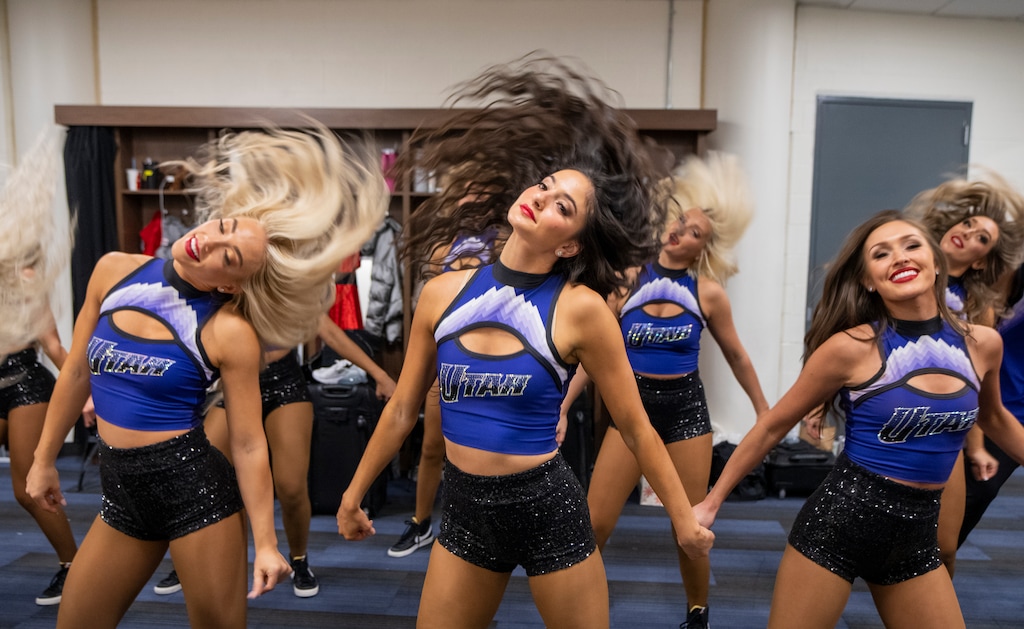(Rick Egan | The Salt Lake Tribune) The Utah Jazz Dancers run through a routine in their dressing room before a Jazz game, on Monday, Dec. 18, 2023.