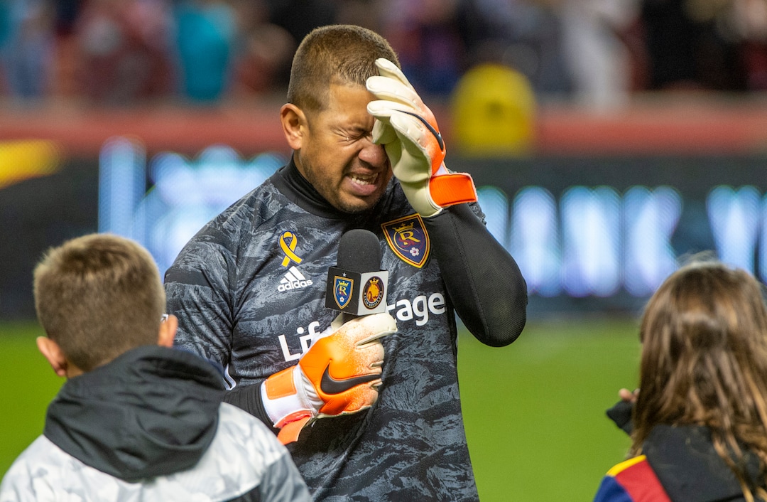 (Rick Egan  |  The Salt Lake Tribune)      An emotional Nick Rimando (18) says goodbye to the crowd during a speech after Real Salt Lake defeated the Houston Dynamo 2-1 in his last regular season home game for Real Salt Lake, in MLS soccer action, at Rio Tinto Stadium, Sunday, Sept. 29, 2019.