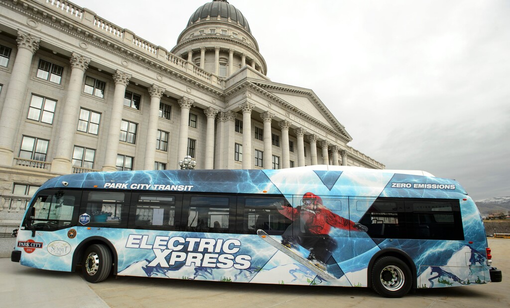 (Steve Griffin  |  Tribune file photo)  Park City's new Electric Xpress bus sits in front of the Capitol during Transit Day on Capitol Hill in Salt Lake City, Feb. 2, 2018. According to Park City Transit the Electric Xpress is the first fare free electric express bus route in the nation.