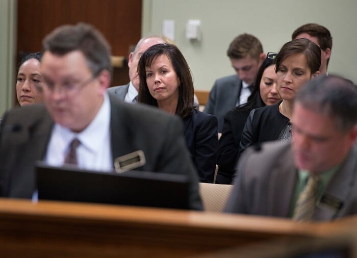 (Scott Sommerdorf   |  The Salt Lake Tribune)   
Juvenile Justice Services director Susan Burke listens as David Gibson, left, and Brian Dean of the Office of the Legislative Auditor General deliver their findings during the Legislative Audit Committee's hearing on a "Performance Audit of Juvenile Justice Services", Thursday, January 25, 2018.