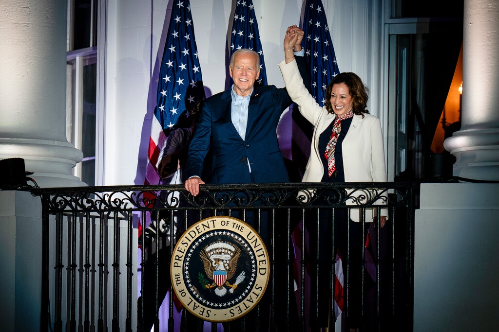 (Erin Schaff | The New York Times) President Joe Biden and Vice President Kamala Harris watch the Fourth of July fireworks over the National Mall at the White House in Washington on Thursday, July 4, 2024.