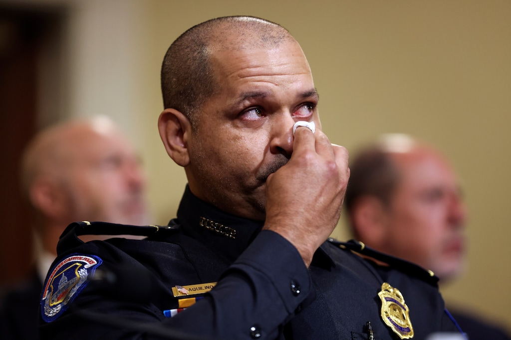 (Oliver Contreras | The New York Times)

U.S. Capitol Police Sgt. Aquilino Gonell pauses during his testimony at the first hearing of the select committee investigating the deadly storming of the Capitol in Washington on Tuesday, July 27, 2021.