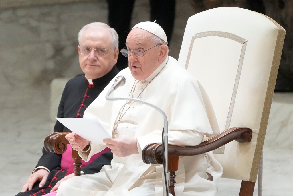 (Gregorio Borgia | AP) Pope Francis delivers a message in 2023. He remains hospitalized.