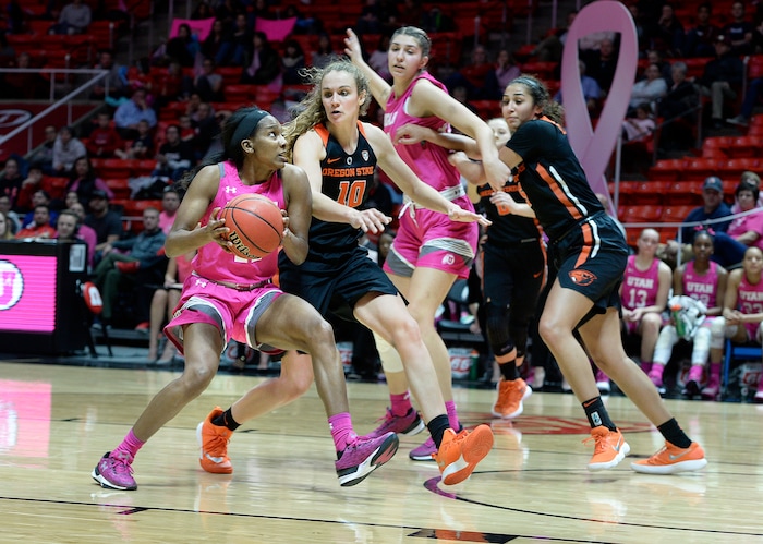Scott Sommerdorf | The Salt Lake TribuneUtah Utes guard Erika Bean (11) drives during second half play. Oregon State defeated Utah 69-58, Friday, January 26, 2018.