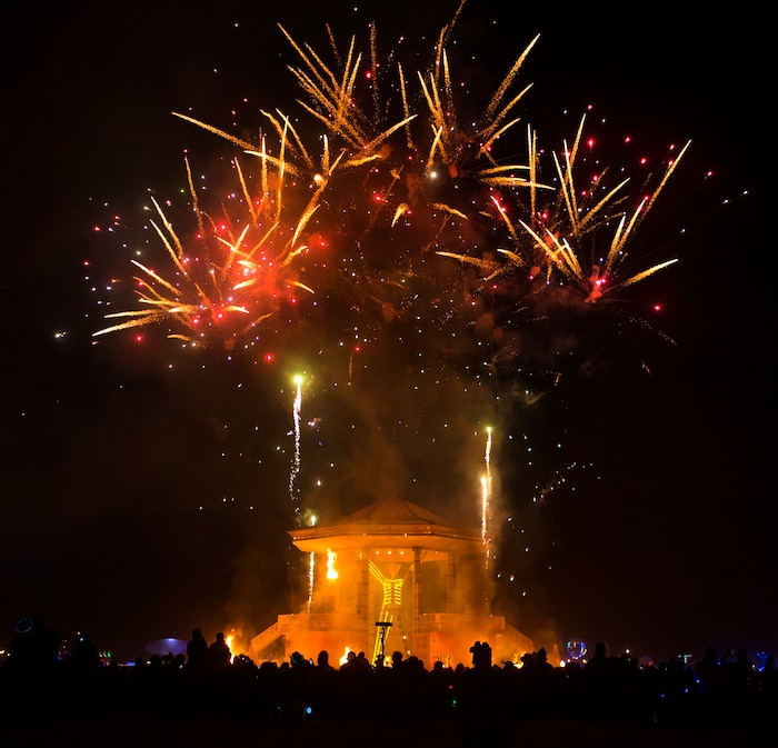 (Rick Egan  |  The Salt Lake Tribune)Fireworks explode as the man starts to burn, in the Black Rock Desert, 100 miles north of Reno, NV, Saturday, September 2, 2017. 
