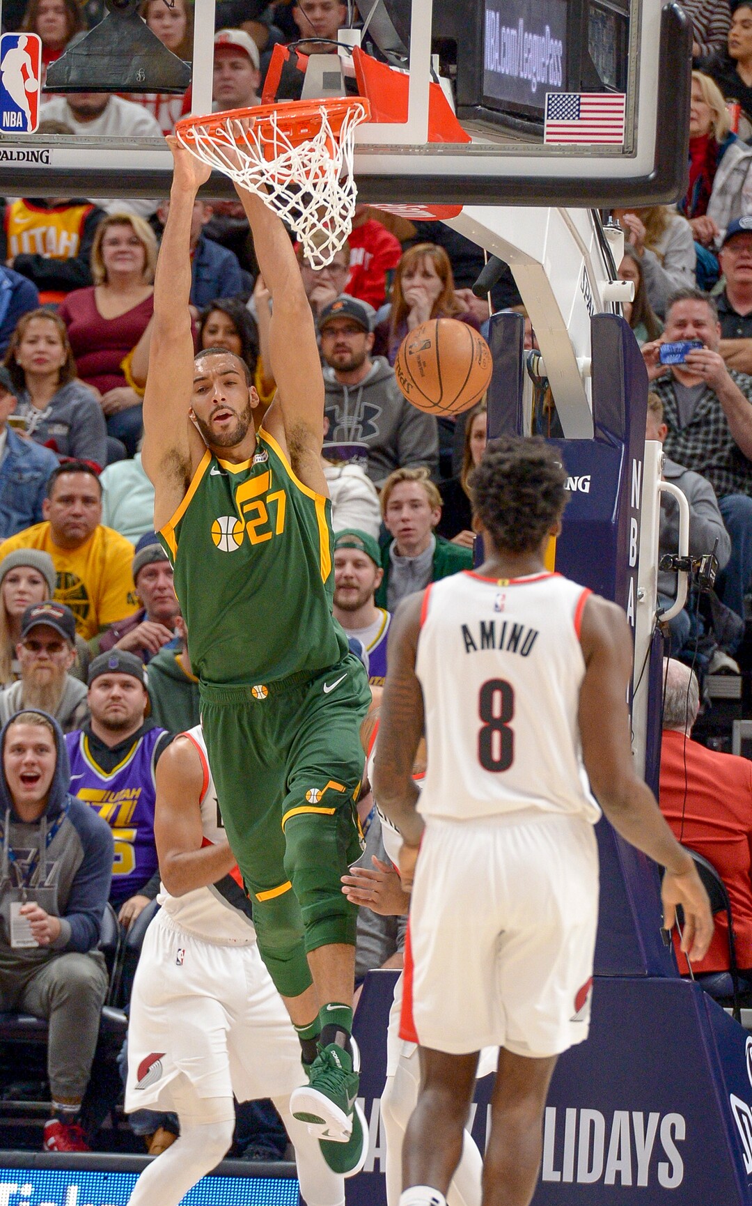 Leah Hogsten  |  The Salt Lake Tribune  Utah Jazz center Rudy Gobert (27)dunks on the Trail Blazers as the Utah Jazz host the Portland Trail Blazers Christmas night at Vivint Smart Home Arena.