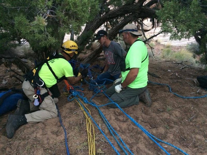 (Courtesy  |  Emery County Sheriff)  A Salt Lake County woman is recovering after being wedged in and suspended for nearly 12 hours in a narrow portion of Zero Gravity Canyon in the San Rafael Desert.