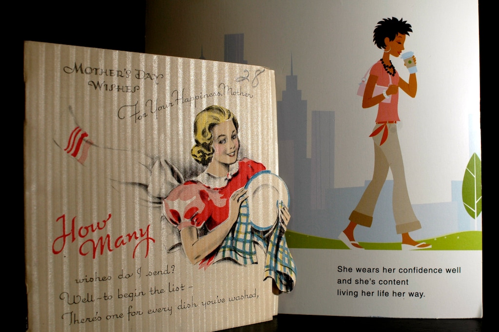 (The Associated Press) Two Mother's Day cards from American Greetings, the first, left, from 1938, and the other a contemporary card from this year, show the difference in the how our societal view of motherhood has changed over the years, in Brooklyn, Ohio Monday, May 1, 2006.