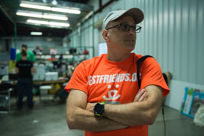 (Rachel Molenda | The Salt Lake Tribune) Eric Rayvid, director of public relations at Best Friends Animal Society, explains the orgainzation's operation in Conroe, Texas, on Wednesday, Sept. 6, 2017. A shelter was set up to house animals rescued from flooding, those surrendered by their owners and those who belong to people living in shelters following Hurricane Harvey.