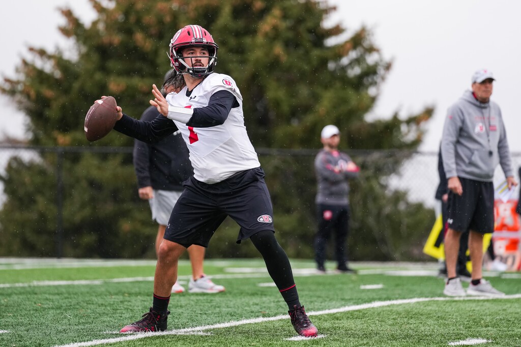 (Eli Rehmer | Utah Athletics) Quarterback Cameron Rising participates in Utah football practice Tuesday, March 12, 2024.