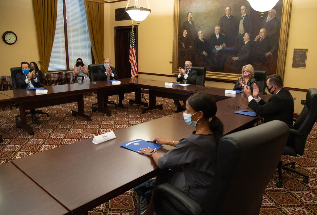 (Francisco Kjolseth  | The Salt Lake Tribune) Utah’s six Republican presidential electors cast their vote for current President Donald Trump at the Utah State Capitol, Monday, Dec. 14, 2020.