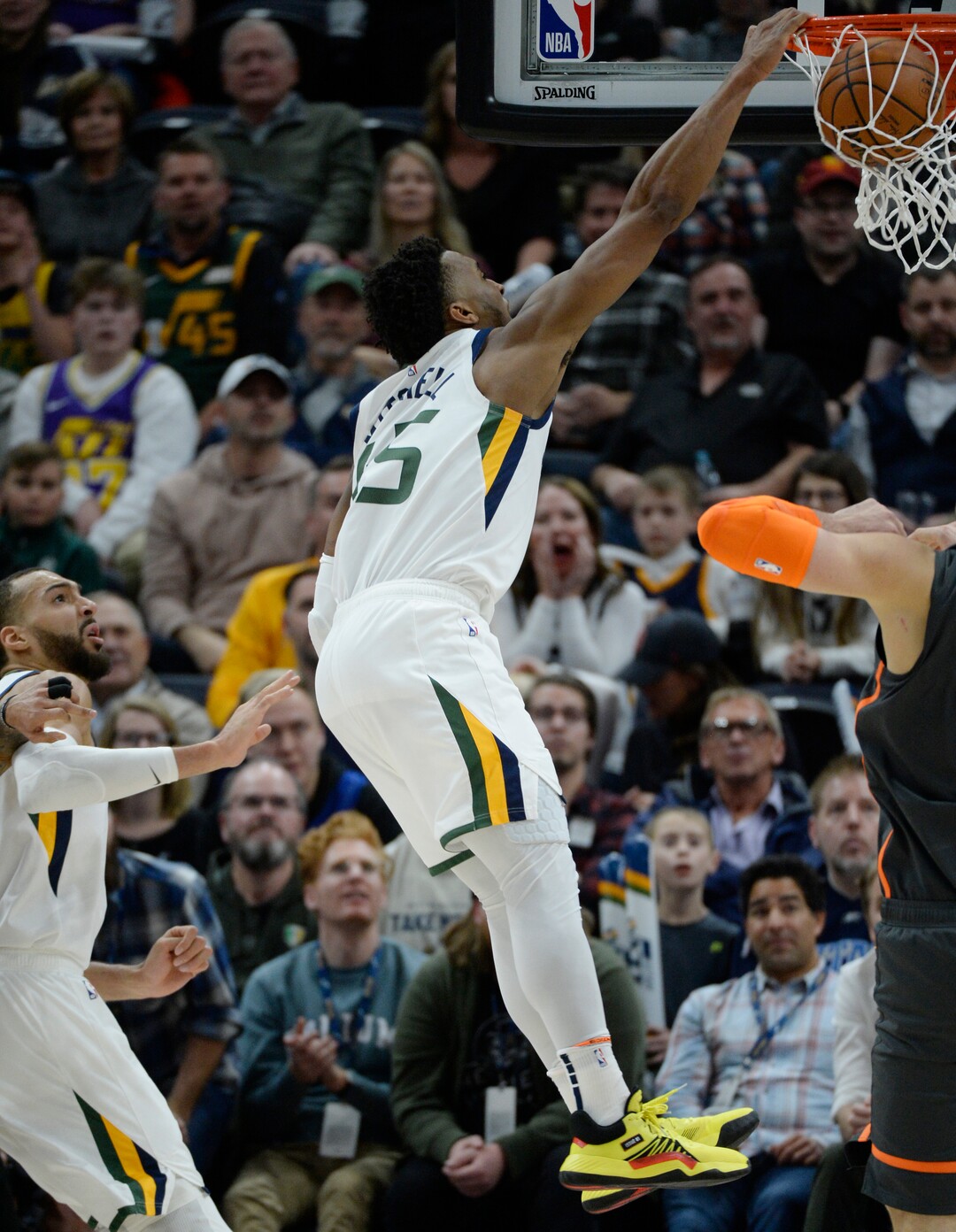 (Francisco Kjolseth  |  The Salt Lake Tribune) Utah Jazz guard Donovan Mitchell (45) puts in a monster dunk in the final minutes as the Utah Jazz host the Orlando Magic in their NBA basketball game at Vivint Smart Home Arena in Salt Lake City on Tuesday. Dec. 17, 2019.