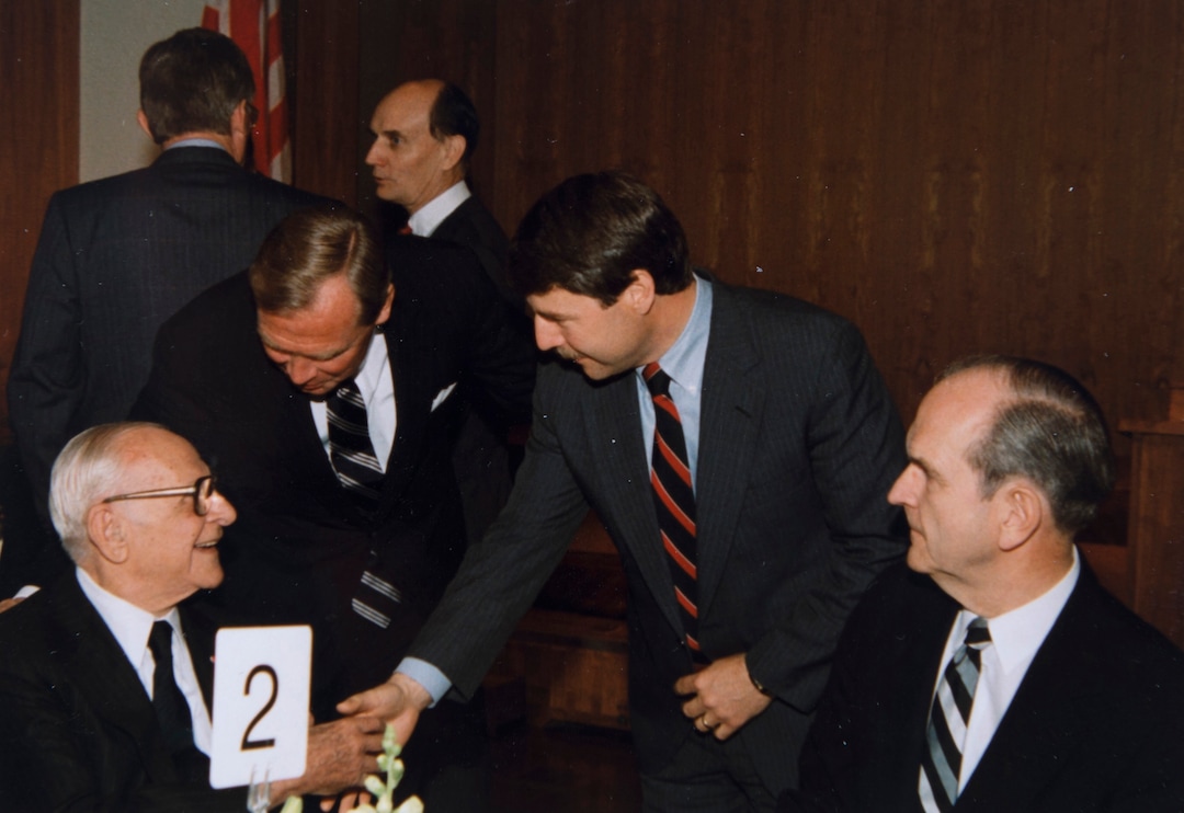 (photo courtesy Huntsman family) Jon Huntsman Sr., attends an event honoring Dr. Armand Hammer at the Church Office Building in Salt Lake City, April 18, 1990. Also present is Elder Russell M. Nelson, Mayor Palmer DePaulis and Senator Jake Garn.