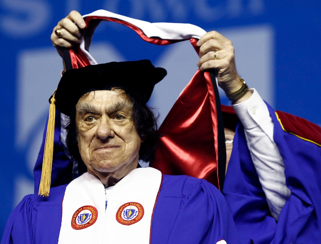 (Mary Schwalm | The Associated Press) In this May 29, 2010, file photo, author Richard Goodwin receives a Doctor of Humane Letters honorary degree from Trustee Edward Collins during commencement ceremonies at UMass-Lowell at the Tsongas Center in Lowell, Mass. Former White House aide and speechwriter Goodwin has died. He died Sunday, May 20, 2018, at his home in Concord, Mass. His wife, the historian Doris Kearns Goodwin, said he died after a brief bout with cancer.