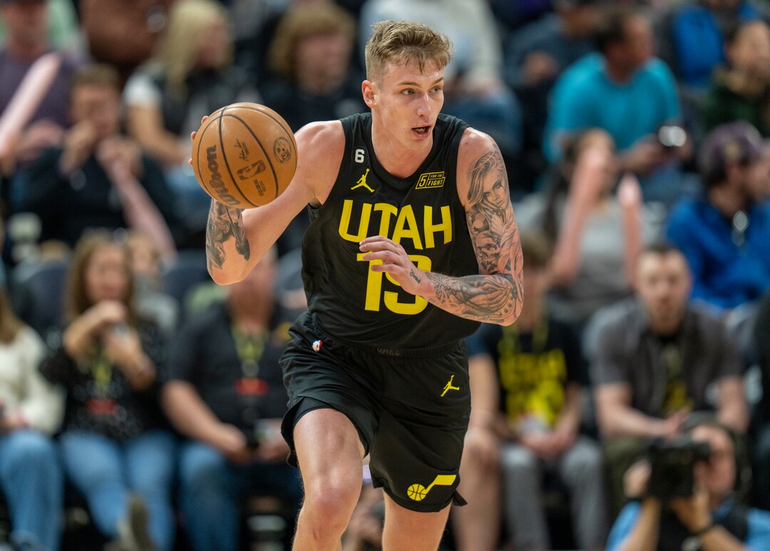 (Rick Egan | The Salt Lake Tribune) Utah Jazz forward Luka Samanic leads a fast break for the Jazz, in NBA action between the Utah Jazz and the Denver Nuggets at Vivint Arena,  Saturday, April 8, 2023.