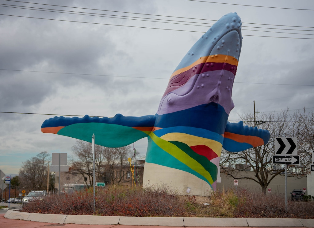 (Francisco Kjolseth | The Salt Lake Tribune) Salt Lake City’s 9th and 9th neighborhood whale is pictured on Saturday, Dec. 20, 2025. The sculpture will be repainted in 2026 and artists interested in painting a new mural on “Out of the Blue” can apply for the work by Jan. 2.
