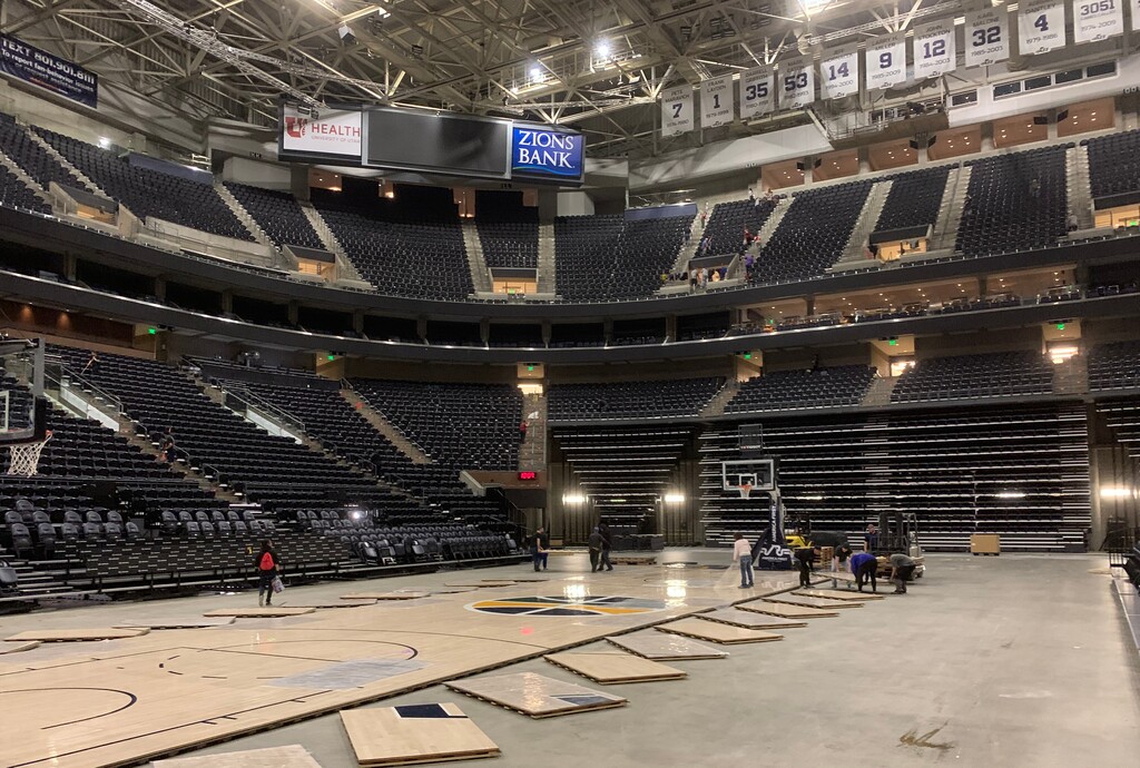 (Eric Walden  |  The Salt Lake Tribune) Vivint Smart Home Arena's building operations crew disassembles the basketball court after the Jazz's Friday, Feb. 28, 2020 victory over the Washington Wizards in preparation for a hip-hop concert on Saturday, Feb. 29, 2020. The Viv hosted an event for nine straight days between Feb. 21-29, each requiring a floor changeover.