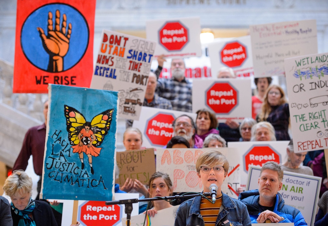 (Trent Nelson  |  The Salt Lake Tribune) Sophie Dau speaks at a rally against the Inland Port at the state Capitol in Salt Lake City on Monday, Feb. 3, 2020.
