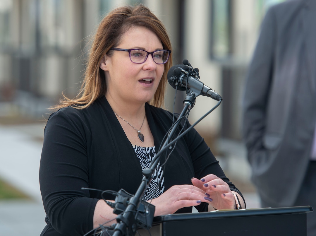 (Rick Egan  |  The Salt Lake Tribune)      South Salt Lake Mayor Cherie Wood  makes a few comments at the celebration of the new double-track rail line for the S-Line Sugar House streetcar, Friday, April 5, 2019.