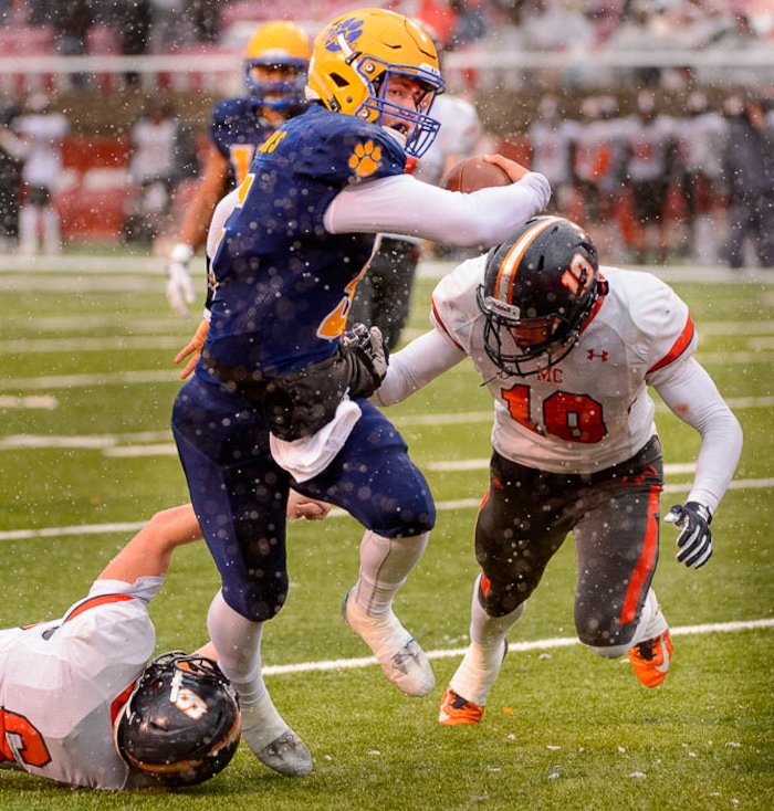 (Trent Nelson | The Salt Lake Tribune)  Orem's Cooper Legas (5) runs for a touchdown as Orem faces Mountain Crest in the Class 4A High School State Football Championship game in Salt Lake City, Friday November 17, 2017.