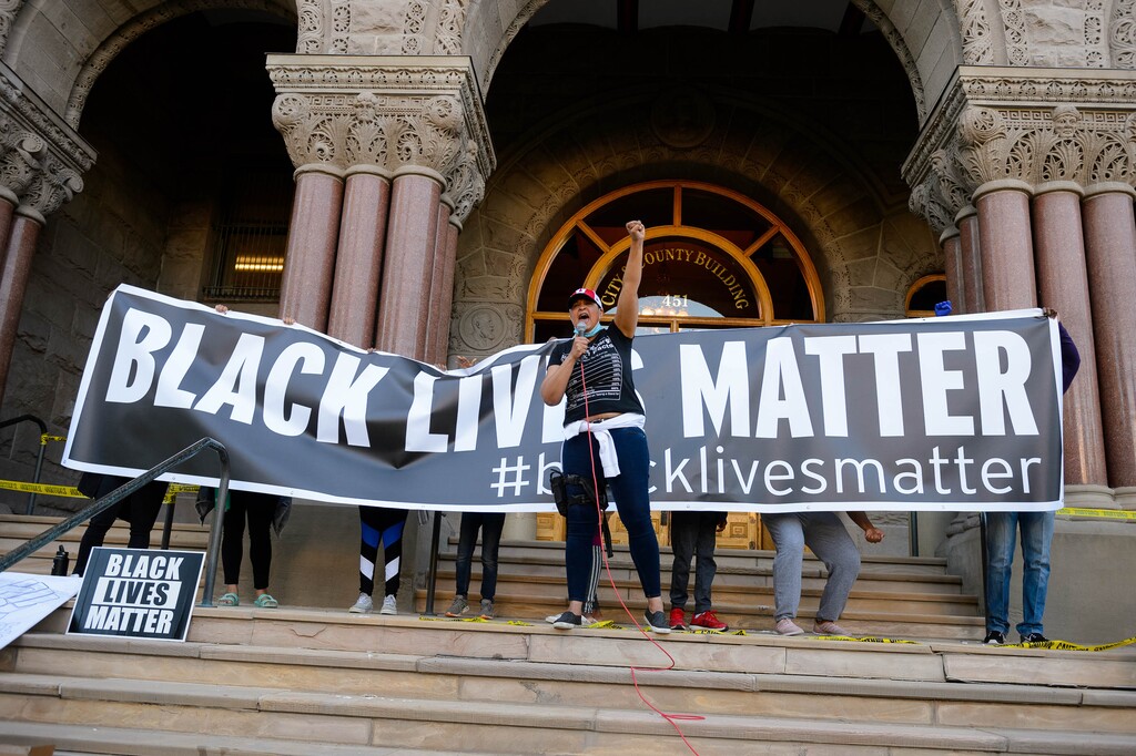 (Trent Nelson  |  The Salt Lake Tribune) Lex Scott speaks at a Black Lives Matter protest at City Hall Salt Lake City on Wednesday, June 10, 2020.
