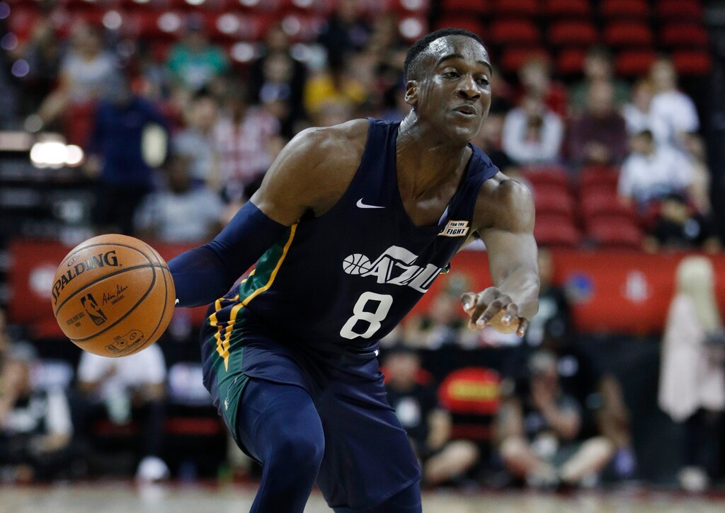 (AP Photo/John Locher) Jazz rookie Miye Oni, shown against the Houston Rockets on Thursday, totaled just four points Saturday against the Hornets in the teams' Las Vegas Summer League finale.