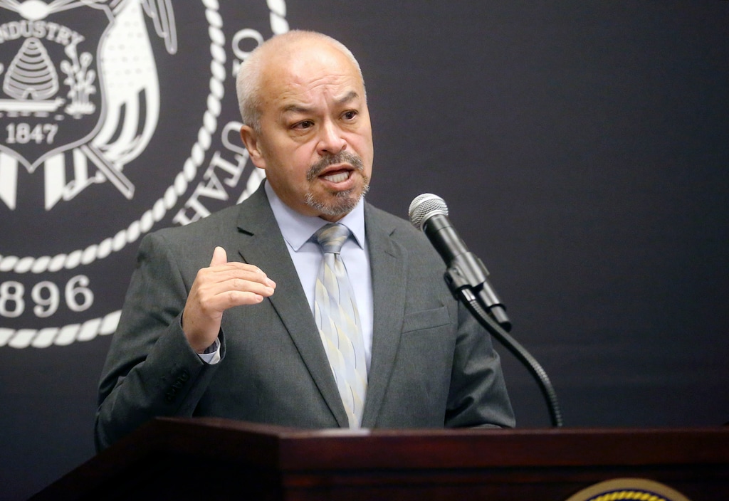 (Kristin Murphy  |  Deseret News, pool) Edwin Espinal, Utah Department of Health Spanish public information officer, speaks during a Spanish language COVID-19 press briefing at the Capitol in Salt Lake City on Tuesday, Oct. 27, 2020.