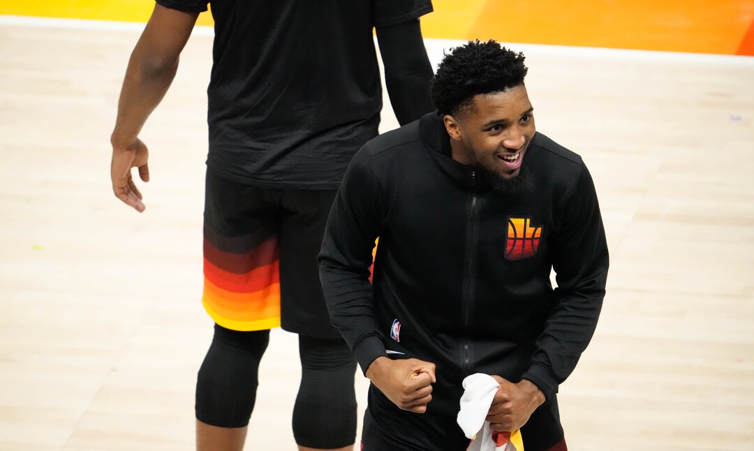 (Francisco Kjolseth | The Salt Lake Tribune) Utah Jazz guard Donovan Mitchell (45) celebrates their 126-110 win over Memphis to advance in the playoffs following Game 5 of their NBA basketball first-round playoff series Wednesday, June 2, 2021, in Salt Lake City, UT.
