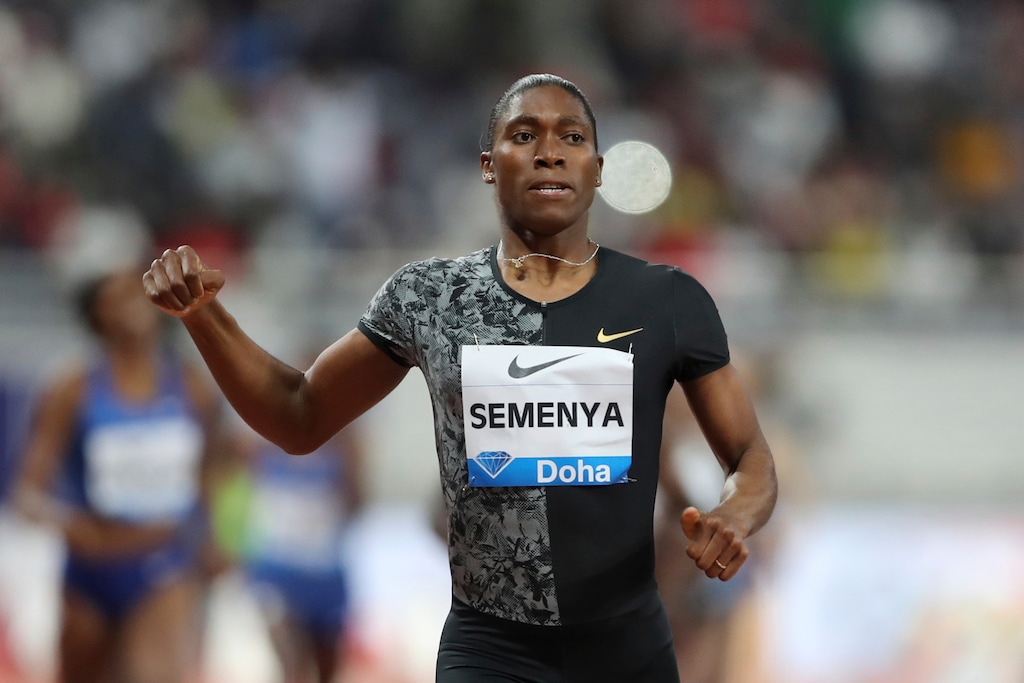 (AP Photo/Kamran Jebreili) South Africa's Caster Semenya crosses the line to win the gold in the women's 800-meter final during the Diamond League in Doha, Qatar, Friday, May 3, 2019.