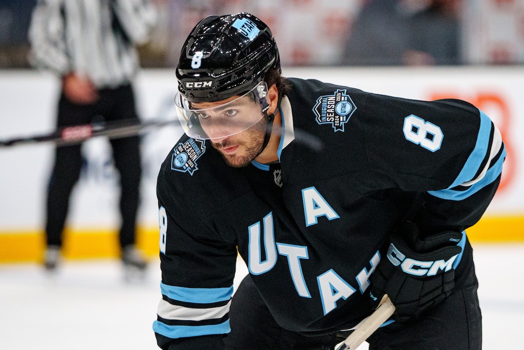 (Trent Nelson  |  The Salt Lake Tribune) Utah Hockey Club forward Nick Schmaltz (8) as Utah Hockey Club hosts the Los Angeles Kings, NHL pre-season hockey in Salt Lake City on Monday, Sept. 23, 2024.