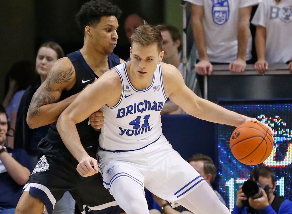 (Rick Bowmer | The Associated Press) Gonzaga forward Brandon Clarke, left, guards BYU forward Luke Worthington (41) during the first half of an NCAA college basketball game Thursday, Jan. 31, 2019, in Provo, Utah.