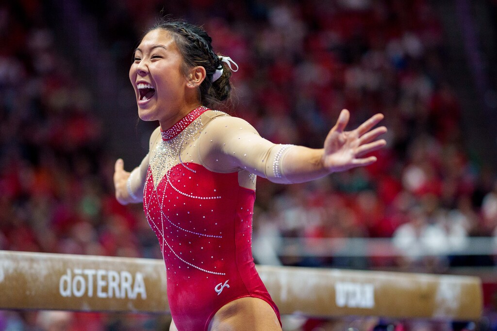 o(Trent Nelson  |  The Salt Lake Tribune) Cristal Isa scores a 9.95 on the beam as Utah hosts UCLA, NCAA gymnastics in Salt Lake City on Friday, Feb. 3, 2023.
