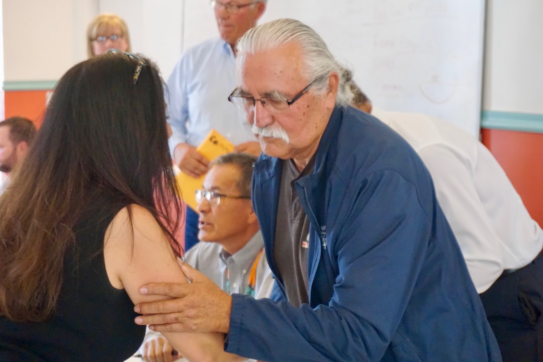 (Zak Podmore  |  The Salt Lake Tribune) San Juan County Commissioner Willie Grayeyes greets an audience member after the commission meeting in Oljato-Monument Valley, Utah, on Tuesday, July 2, 2019.                               