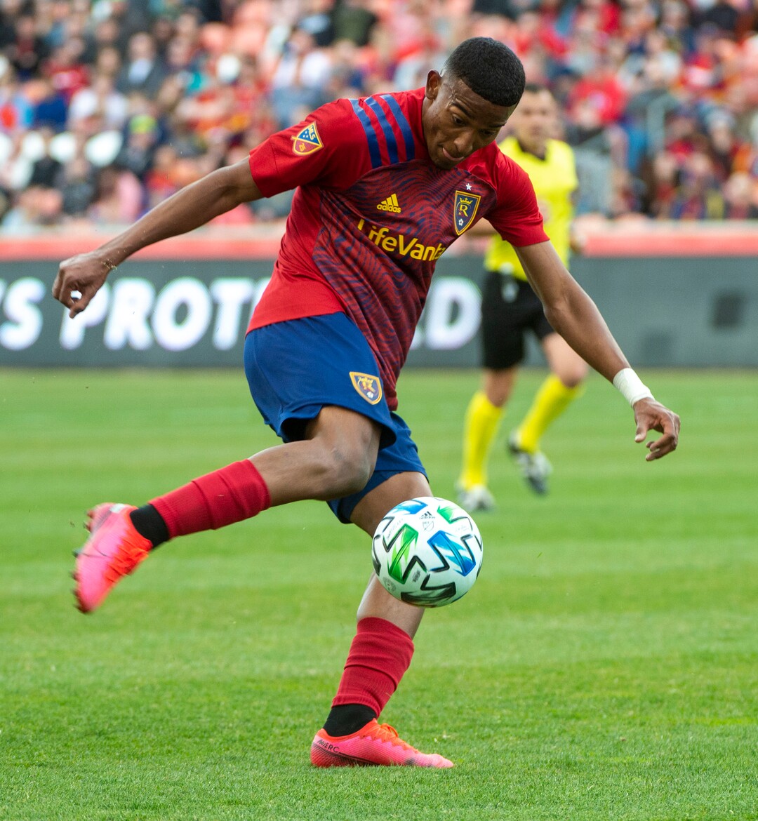 (Rick Egan  |  The Salt Lake Tribune)   Real Salt Lake forward Douglas Martinez (12) kicks the ball, in MLS acton between Real Salt Lake and the New York Red Bulls at Rio Tinto Stadium, Saturday, March 7, 2020.