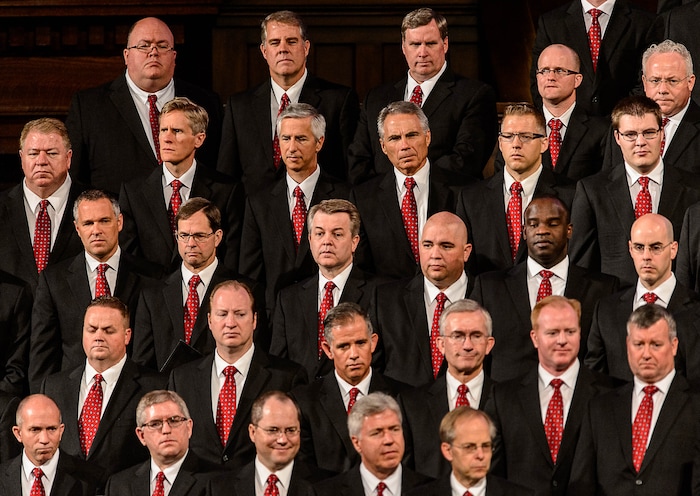 (Trent Nelson | The Salt Lake Tribune)  The Mormon Tabernacle Choir stands in respect at funeral services for Elder Robert D. Hales at the Salt Lake Tabernacle in Salt Lake City Friday October 6, 2017.