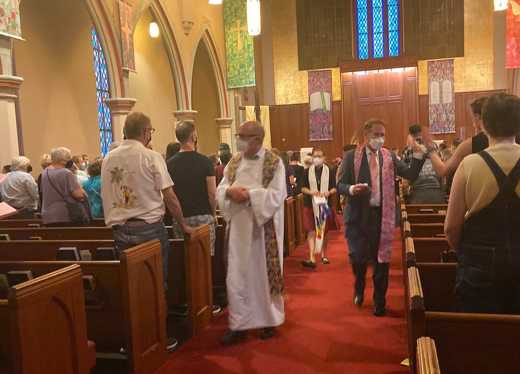 (Peggy Fletcher Stack | The Salt Lake Tribune)
Clergy from several Utah congregations greet worshippers at the Interfaith Pride service at Salt Lake City's First Baptist Church on Thursday, June 2, 2022.