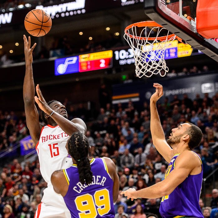 (Trent Nelson | The Salt Lake Tribune)  
Houston Rockets center Clint Capela (15) shoots over Utah Jazz center Rudy Gobert (27). The Utah Jazz host the Houston Rockets, NBA basketball in Salt Lake City on Thursday Dec. 6, 2018.