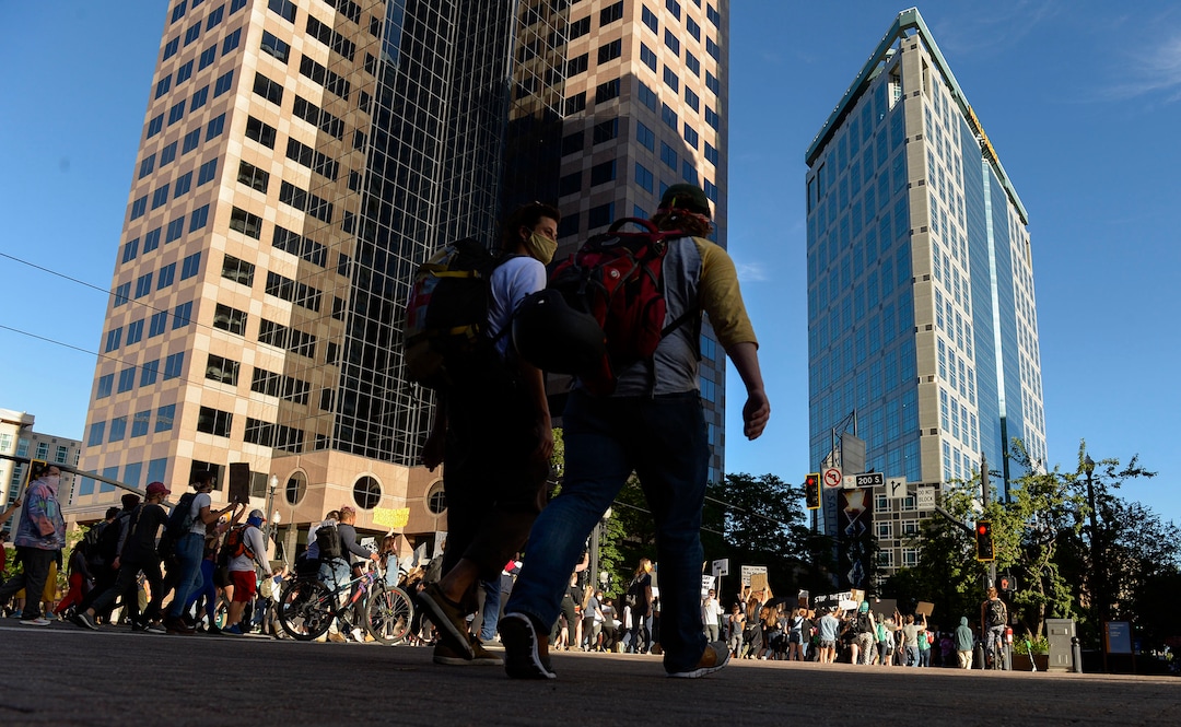(Leah Hogsten  |  The Salt Lake Tribune) The Party for Socialism and Liberation Salt Lake joined Salt Lake Equal Rights Movement at the Wallace Bennett Federal Building in solidarity with the Black Lives Matter movement, June 9, 2020. 