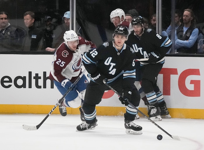 (Bethany Baker | The Salt Lake Tribune) Utah Hockey Club defenseman Vladislav Kolyachonok (52) looks to pass during the game between the Utah Hockey Club and the Colorado Avalanche at the Delta Center in Salt Lake City on Thursday, Oct. 24, 2024.