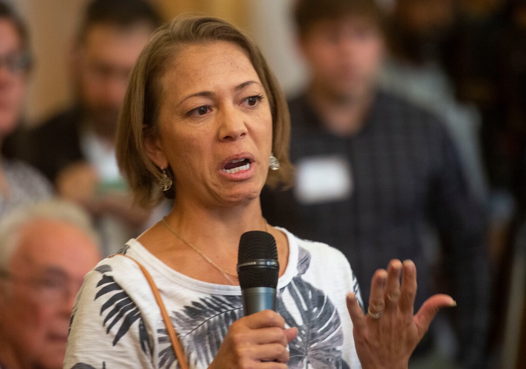 (Rick Egan  |  The Salt Lake Tribune)     Maurena Grossman urges the City Council to vote no on a proposal that would grant up to $28 million in tax increment reimbursement to a developer seeking to build a 3,000 acre industrial development in the city’s northwest side, The council voted yes on the proposal, during a Salt Lake City Council redevelopment agency meeting. Tuesday, Aug. 27, 2019.