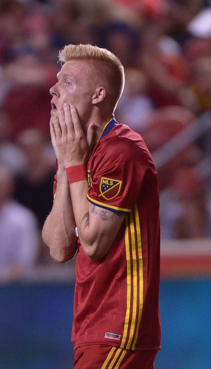 (Leah Hogsten  |  The Salt Lake Tribune)  Real Salt Lake defender Justen Glad (15) reacts to missing a goal in the first half.  Real Salt Lake are 1-0 at the half against the Colorado Rapids for the Rocky Mountain Cup at Rio Tinto Stadium, Saturday, August 26, 2017. 