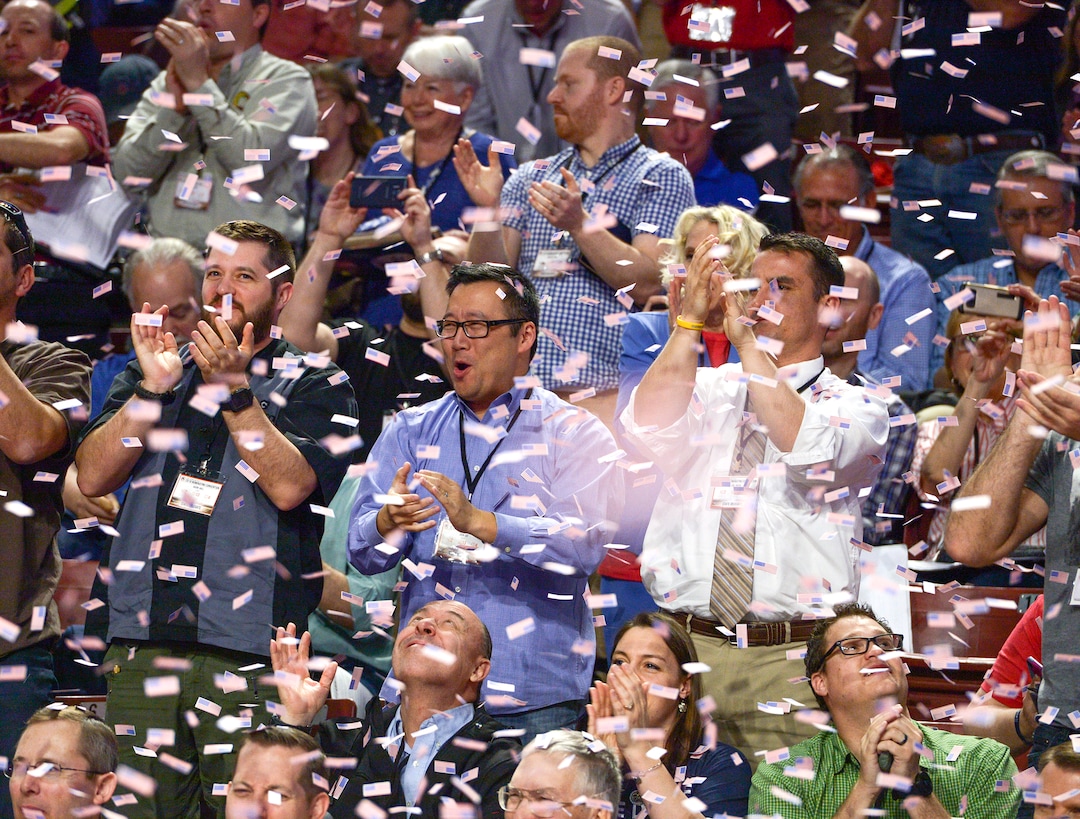 (Leah Hogsten  |  The Salt Lake Tribune) Utah delegates applaud for retiring Senator Orrin Hatch, who was honored at the Utah Republican Nominating Convention Saturday, April 21, 2018 at the Maverik Center. 